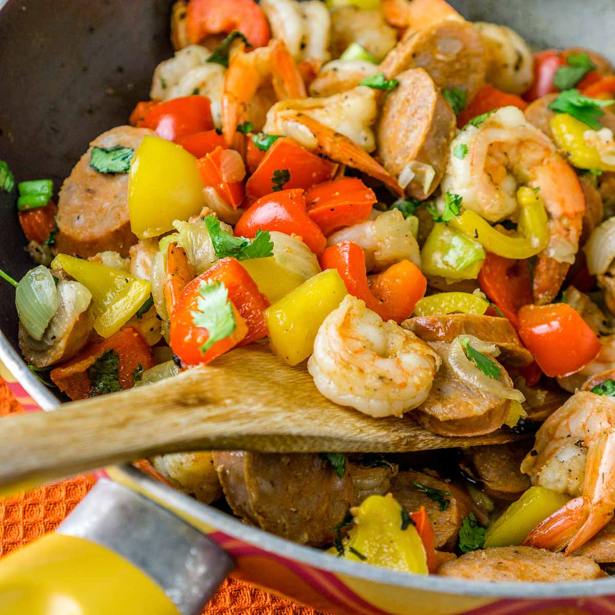 Skillet with sausage, shrimp, and bell peppers