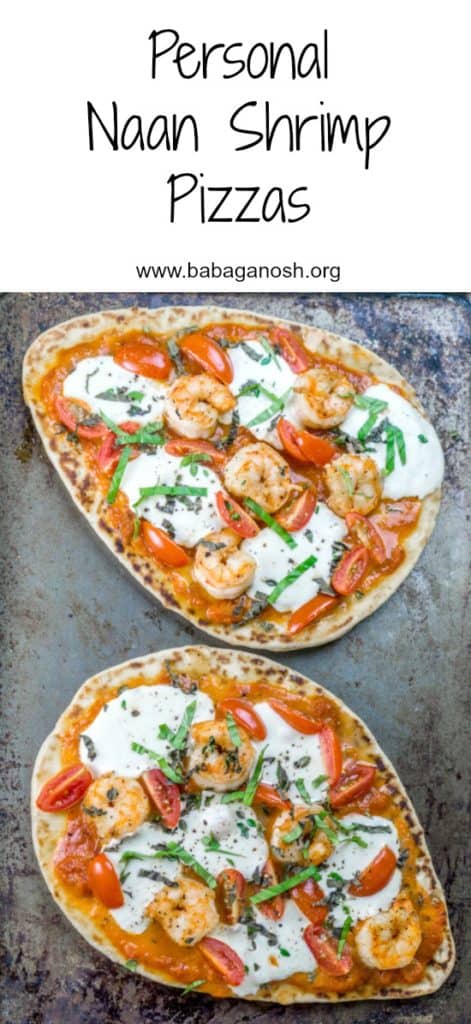 Naan Shrimp Pizzas with fresh basil - dinner is ready in 20 minutes! From https://www.babaganosh.org