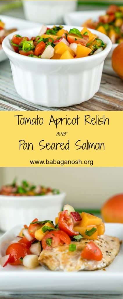 An easy 10 minute recipe for a fresh, delicious Tomato Apricot Relish. Serve this relish over pan-seared salmon, grilled chicken breast, or as bruschetta on crusty bread! From https://www.babaganosh.org