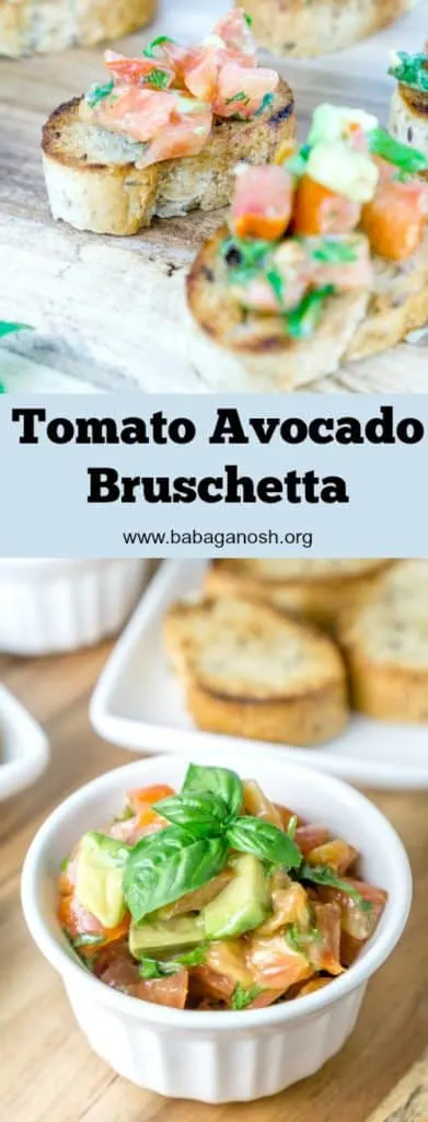 This Tomato Avocado Bruschetta is a delicious twist on the classic bruschetta. The creamy avocado pairs perfectly with the fresh tomatoes, basil, and parsley. Serve this over toasted baguettes for the perfect appetizer. From https://www.babaganosh.org