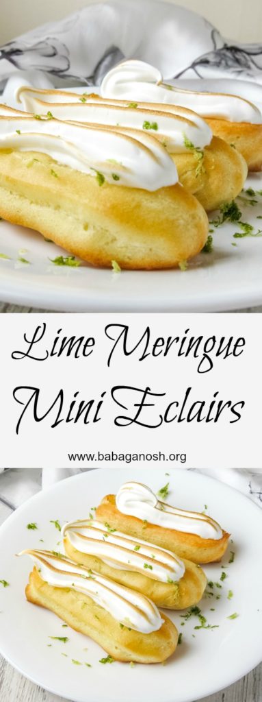 These Lime Meringue Mini Eclairs are half the size but ALL the flavor! The zesty lime custard filling is perfectly balanced by the sweet, light meringue. From https://www.babaganosh.org