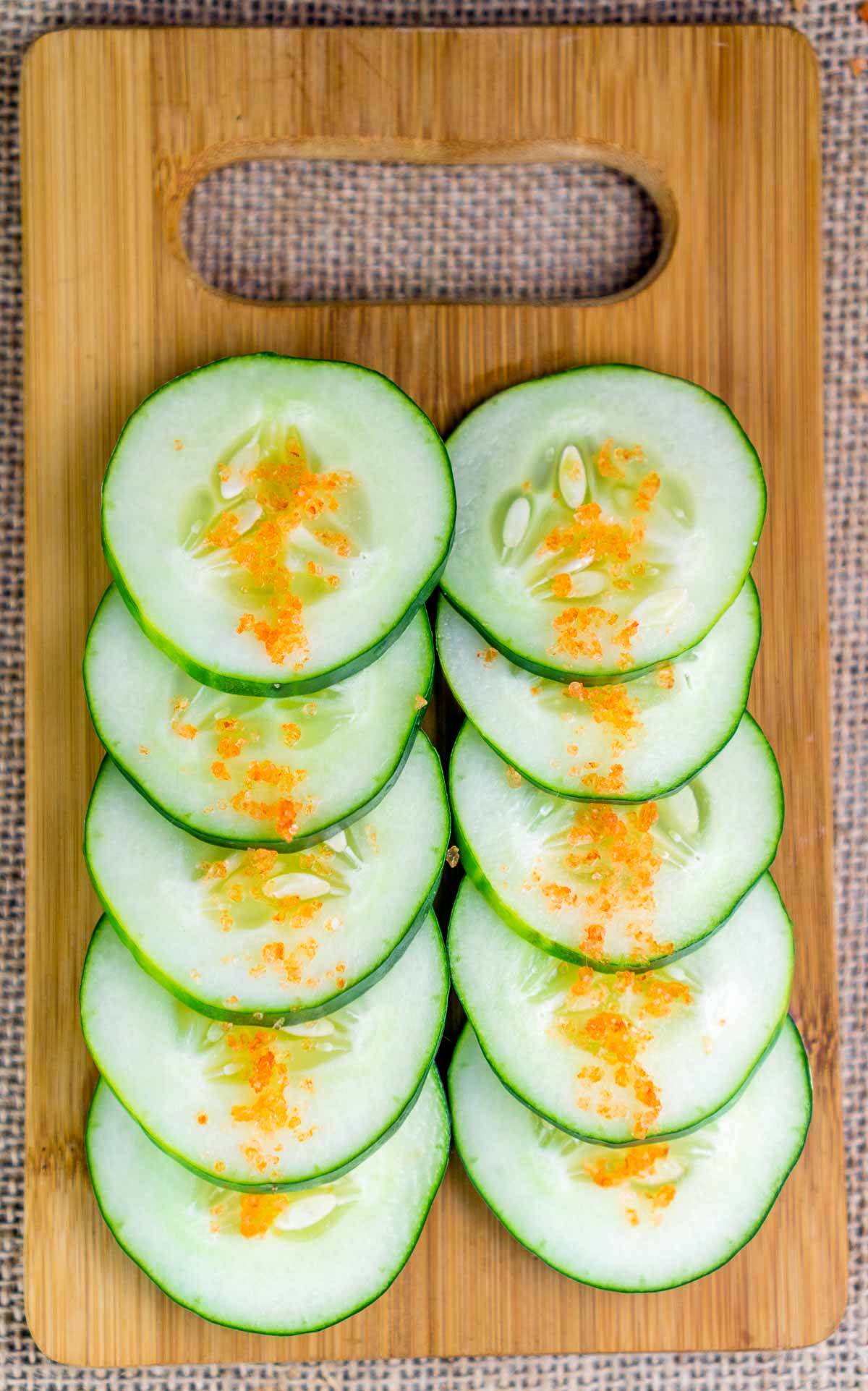 Cucumbers seasoned with sriracha salt