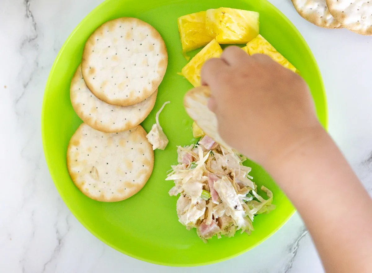toddler lunch of chicken salad with pineapples