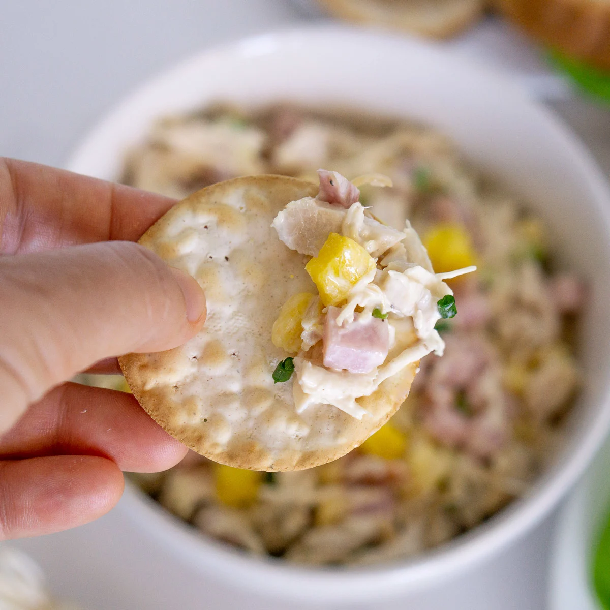 cracker dipping into hawaiian chicken salad with pineapple
