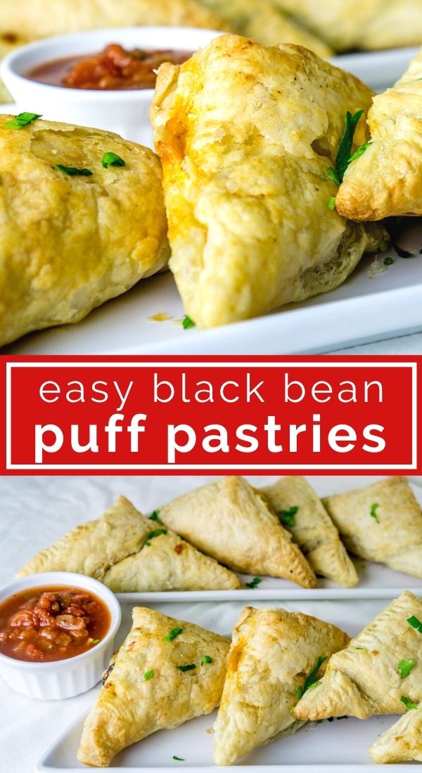 black bean puff pastry triangles with marinara sauce on serving plates - collage of images for pinterest