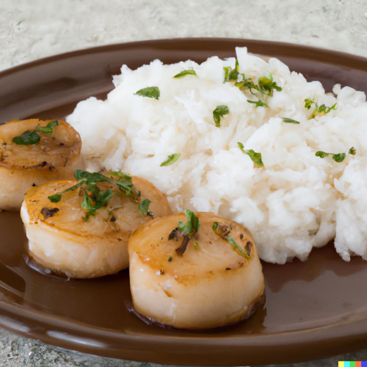 Plate of seared brown butter scallops and rice