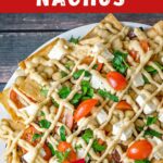 Pinterest image with text: Mediterranean pita nachos - make-ahead appetizer!
