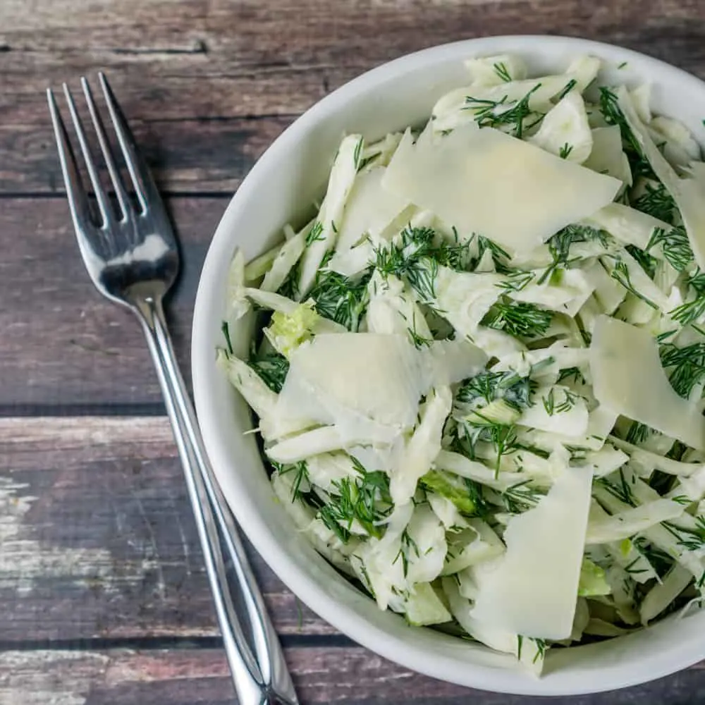 This crunchy Fennel Salad with Dill is absolutely addicting with delicious Parmesan cheese mixed into the dressing. It's super easy to make and will become a family favorite in no time! From www.www.babaganosh.org