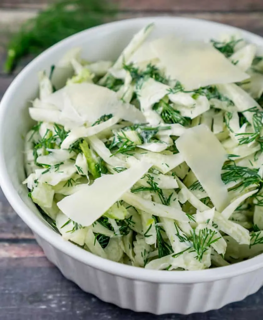 This crunchy Fennel Salad with Dill is absolutely addicting with delicious Parmesan cheese mixed into the dressing. It's super easy to make and will become a family favorite in no time! From www.www.babaganosh.org