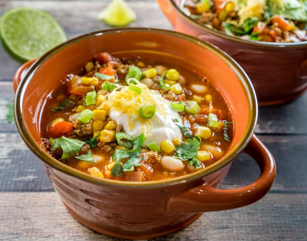 image of southwestern white bean chili in a bowl