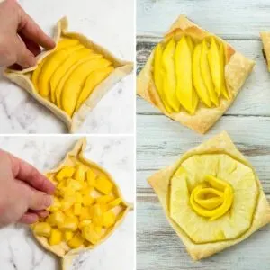 Collage of 3 pictures showing how to put mango and pineapple on puff pastry