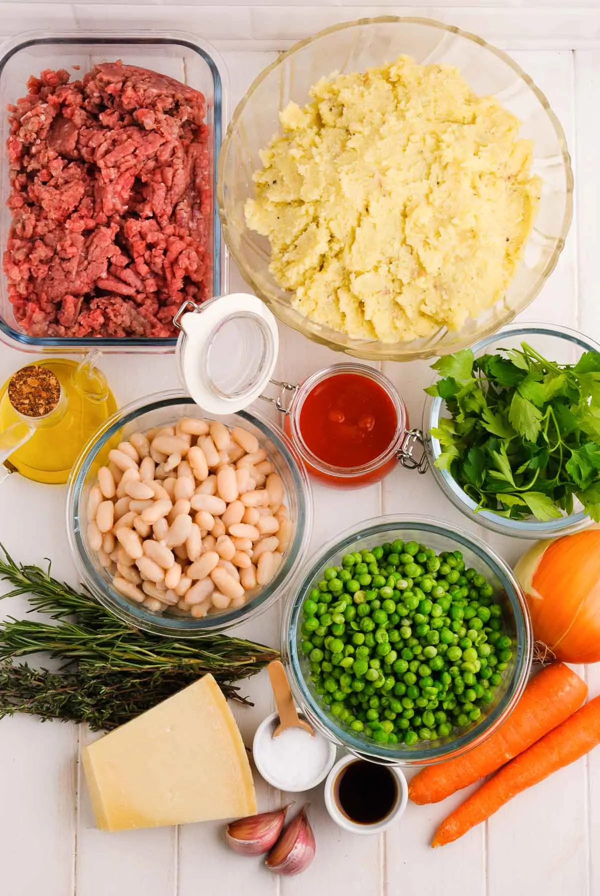 Ingredients to make shepherd's pie with white beans.