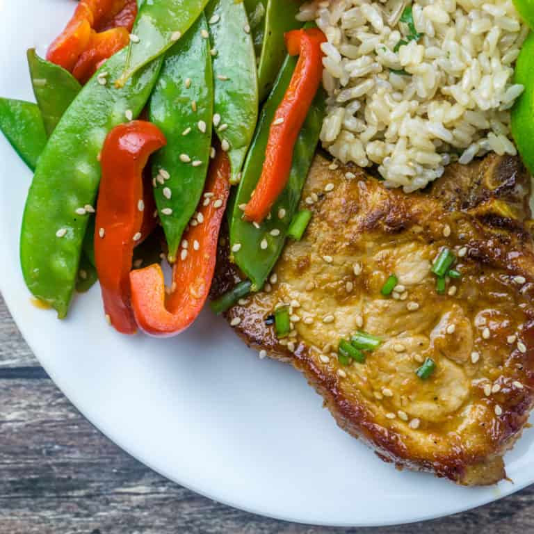 Honey Sriracha Glazed Pork Chops with Stir Fried Veggies Babaganosh