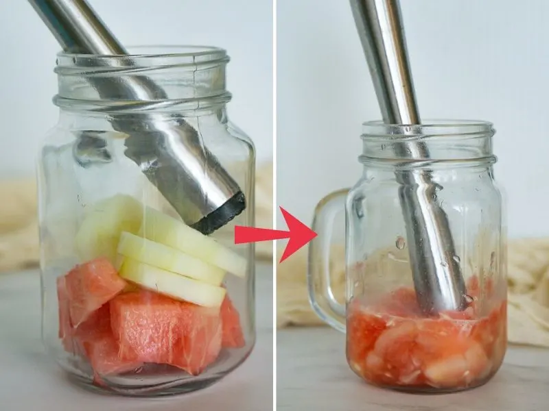 muddling watermelon and cucumber in a mason jar
