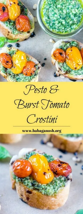 Pesto and Burst Tomato Crostini with a Balsamic Glaze - Babaganosh.org #pesto #crostini #tomato #appetizer