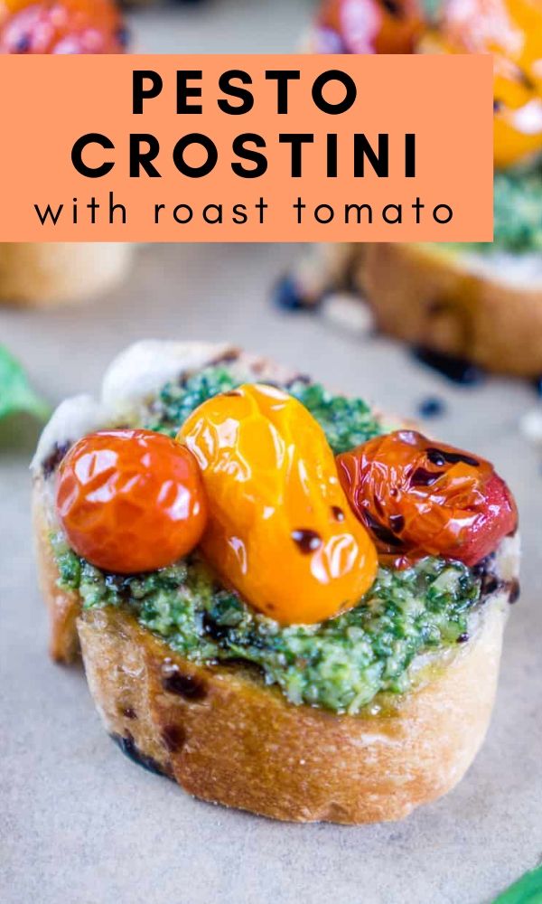 pesto crostini with roast tomato pinterest graphic