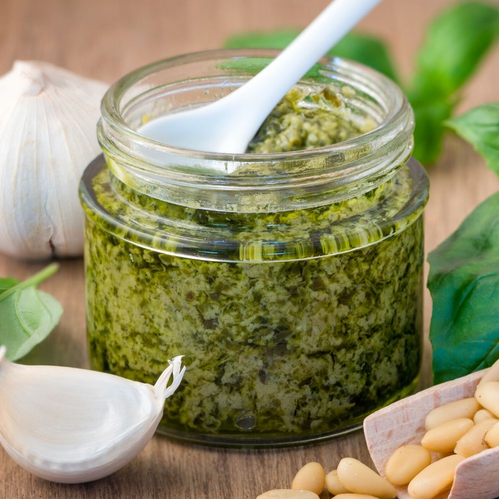 Roast Tomato and Pesto Crostini with Balsamic Glaze Drizzle Babaganosh