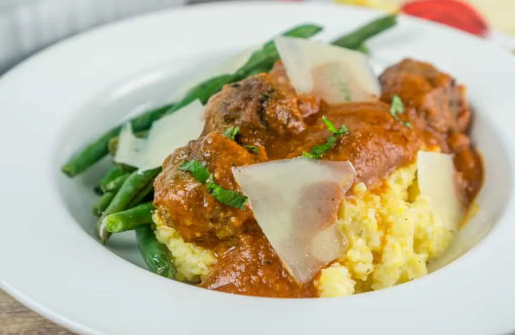Moroccan Meatballs with Polenta and Parmesan Shavings