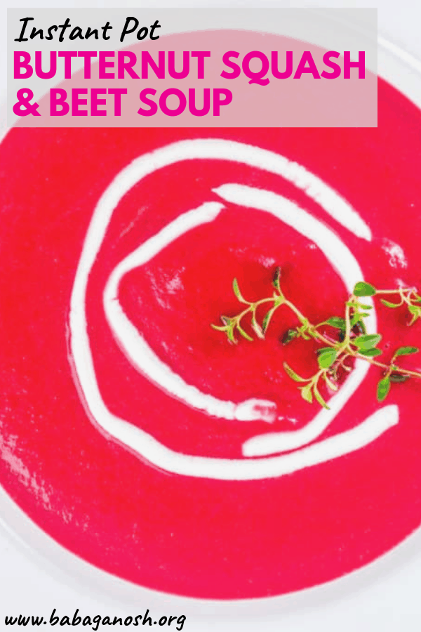 bowl of instant pot beet and butternut squash soup pinterest image