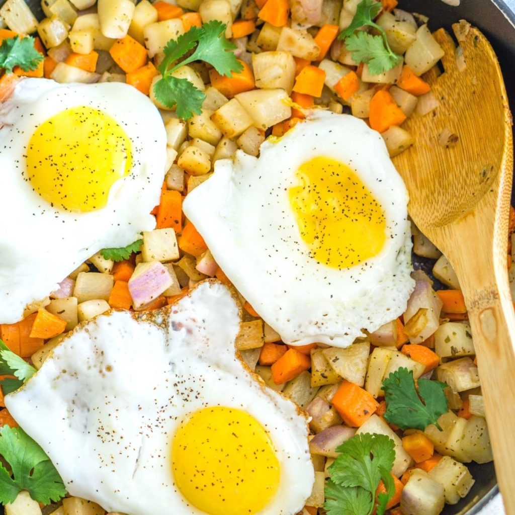 Vegetable Hash with Fried Egg Babaganosh