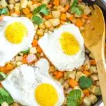 turnip vegetable hash topped with fried egg