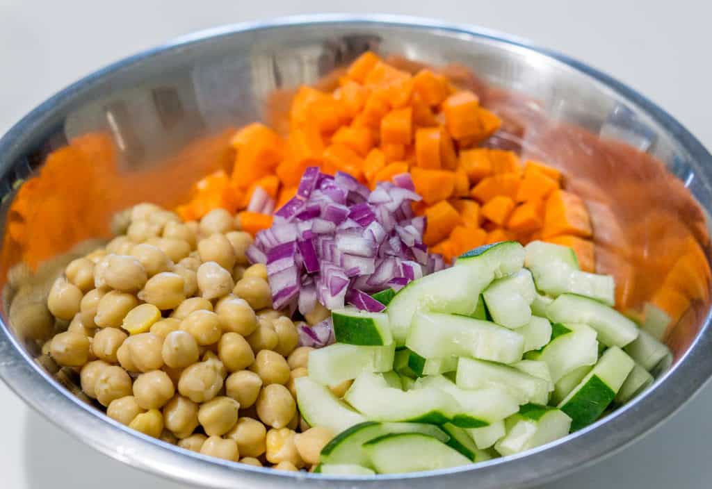 Chopped vegetables and chickpeas in a bowl.