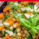 Pinnable image of chickpea and pea shoot salad.