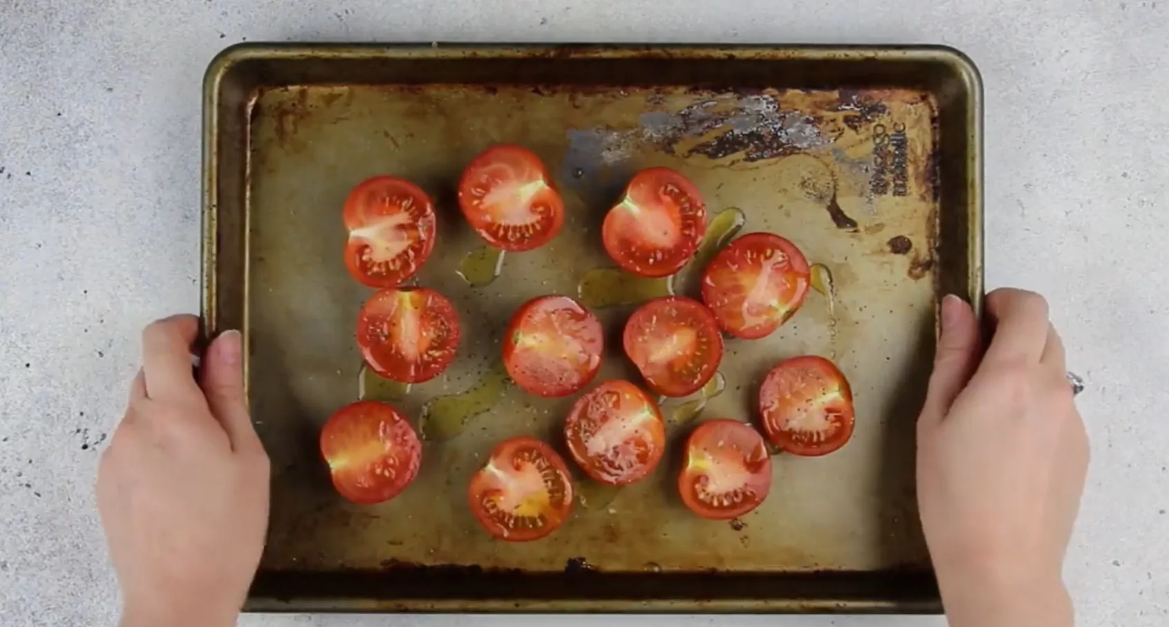 image of tomatoes on a roasting pan
