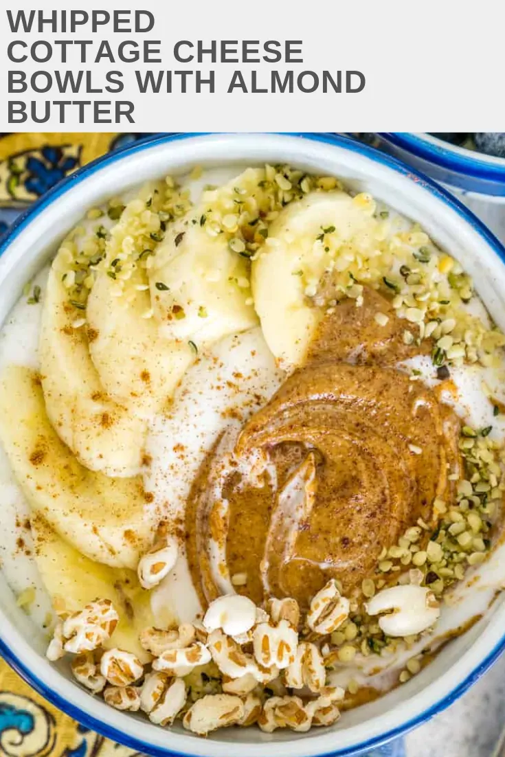 pinterest image of whipped cottage cheese with almond butter
