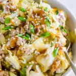 pinterest image of sweet and sour pork stir fry with cabbage