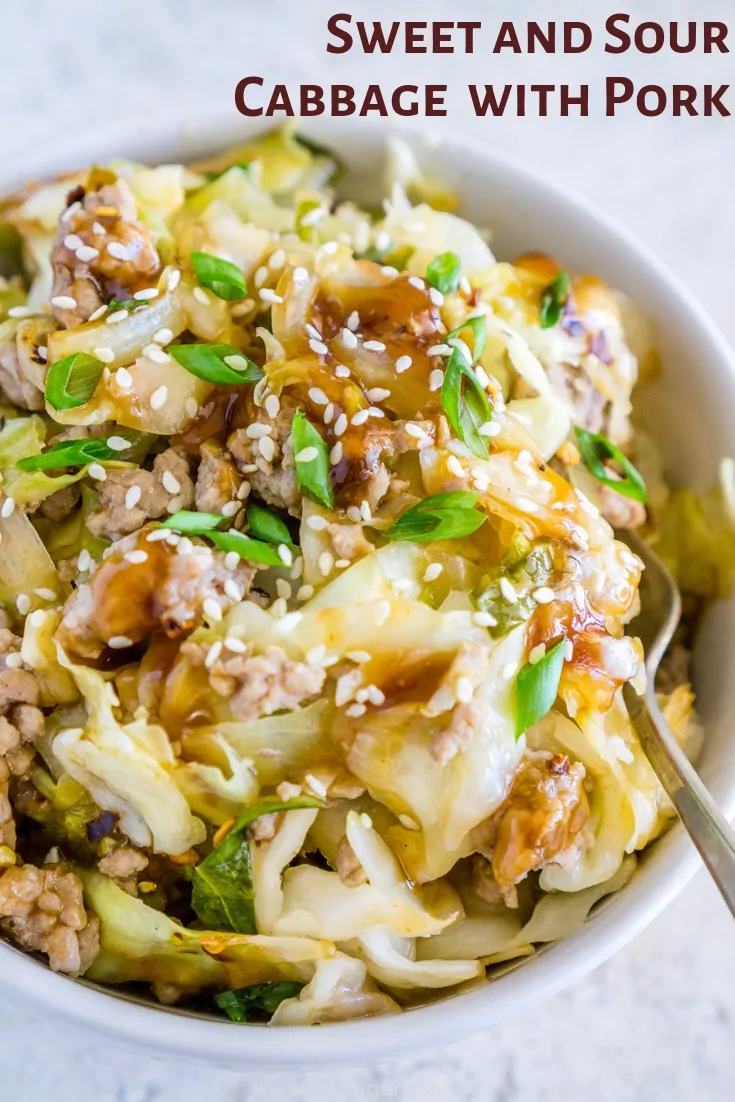 pinterest image of sweet and sour pork stir fry with cabbage