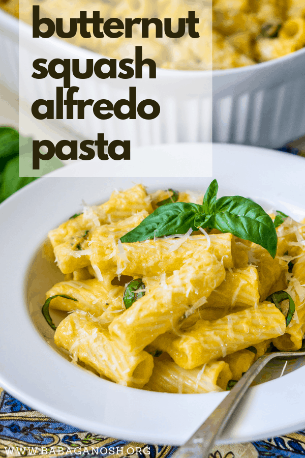 pinterest image of butternut squash alfredo pasta on a plate