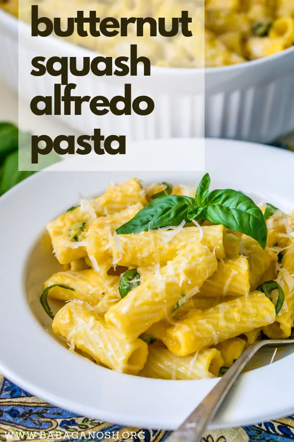 pinterest image of butternut squash alfredo pasta on a plate