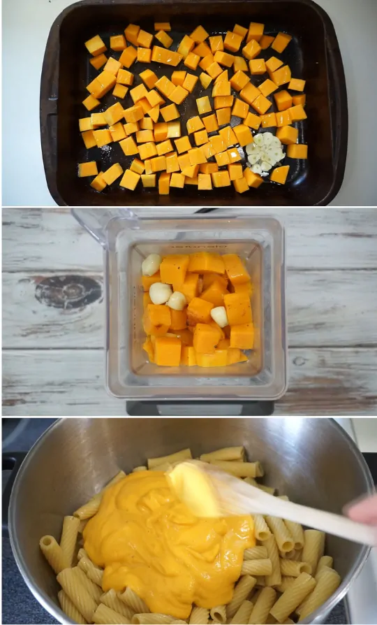 collage image of how to make butternut squash alfredo pasta step by step