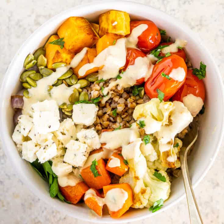 Buckwheat Bowls with Roasted Vegetables and Tahini Sauce Babaganosh
