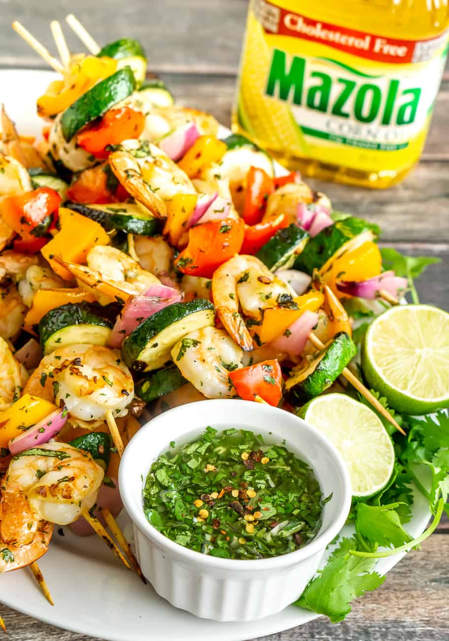 grilled shrimp and vegetable skewers with chimichurri sauce