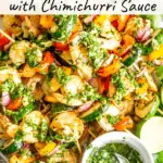 grilled shrimp and vegetable skewers with chimichurri sauce pinterest graphic