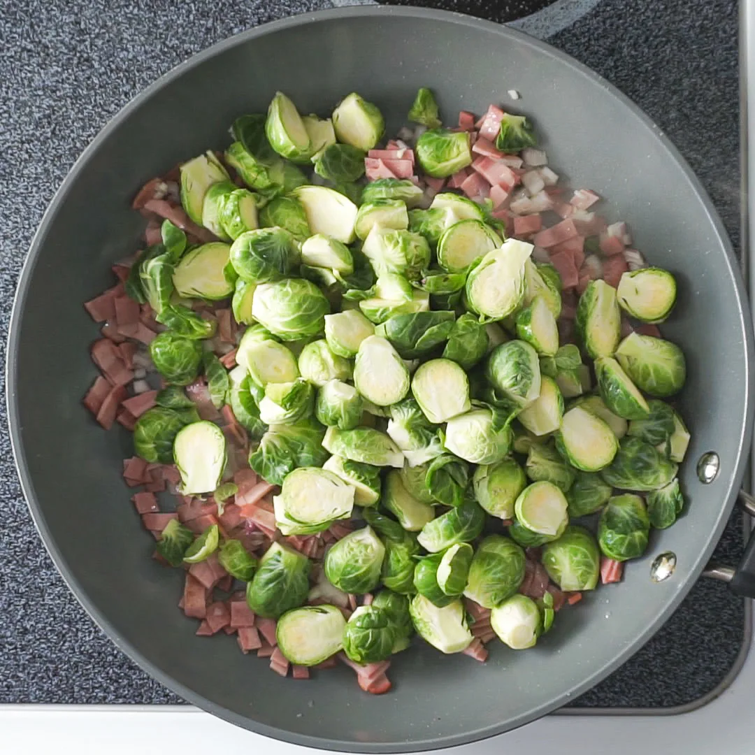 pan frying brussels sprouts and turkey bacon