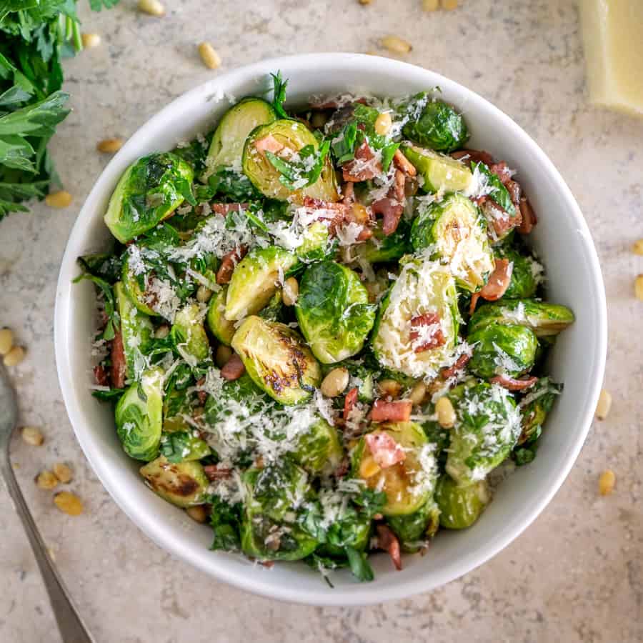 image of pan seared brussels sprouts with turkey bacon in a bowl