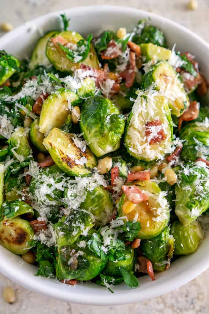 Pan Fried Brussels Sprouts with Turkey Bacon and Parmesan Babaganosh
