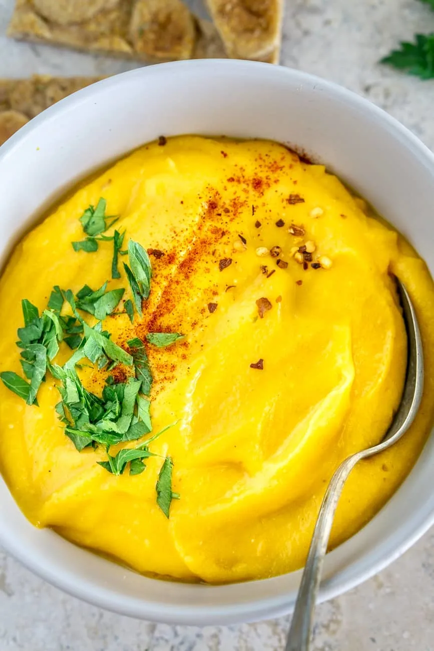 bowl of butternut squash lentil soup
