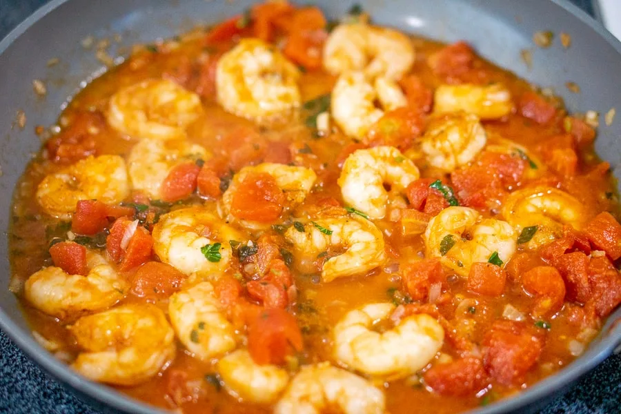 shrimp in tomato sauce in a skillet