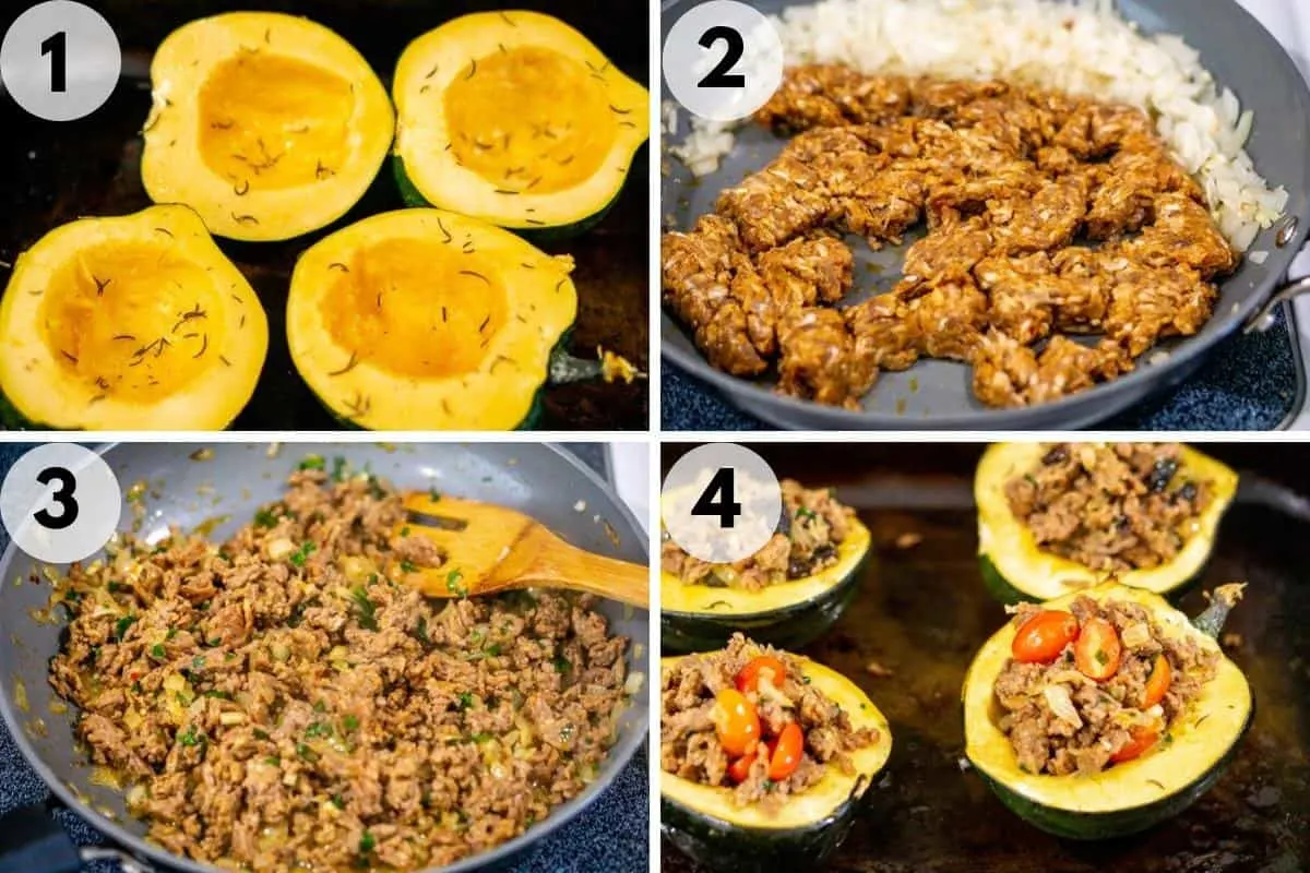 collage of images on how to make sausage stuffed acorn squash