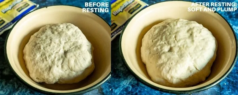 collage of homemade pizza dough rising