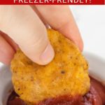 Pinnable image with text: Sweet potato chicken nuggets, hidden vegetable, freezer-friendly.