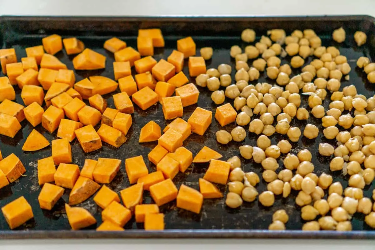 roasted sweet potato and chickpeas on a sheet pan