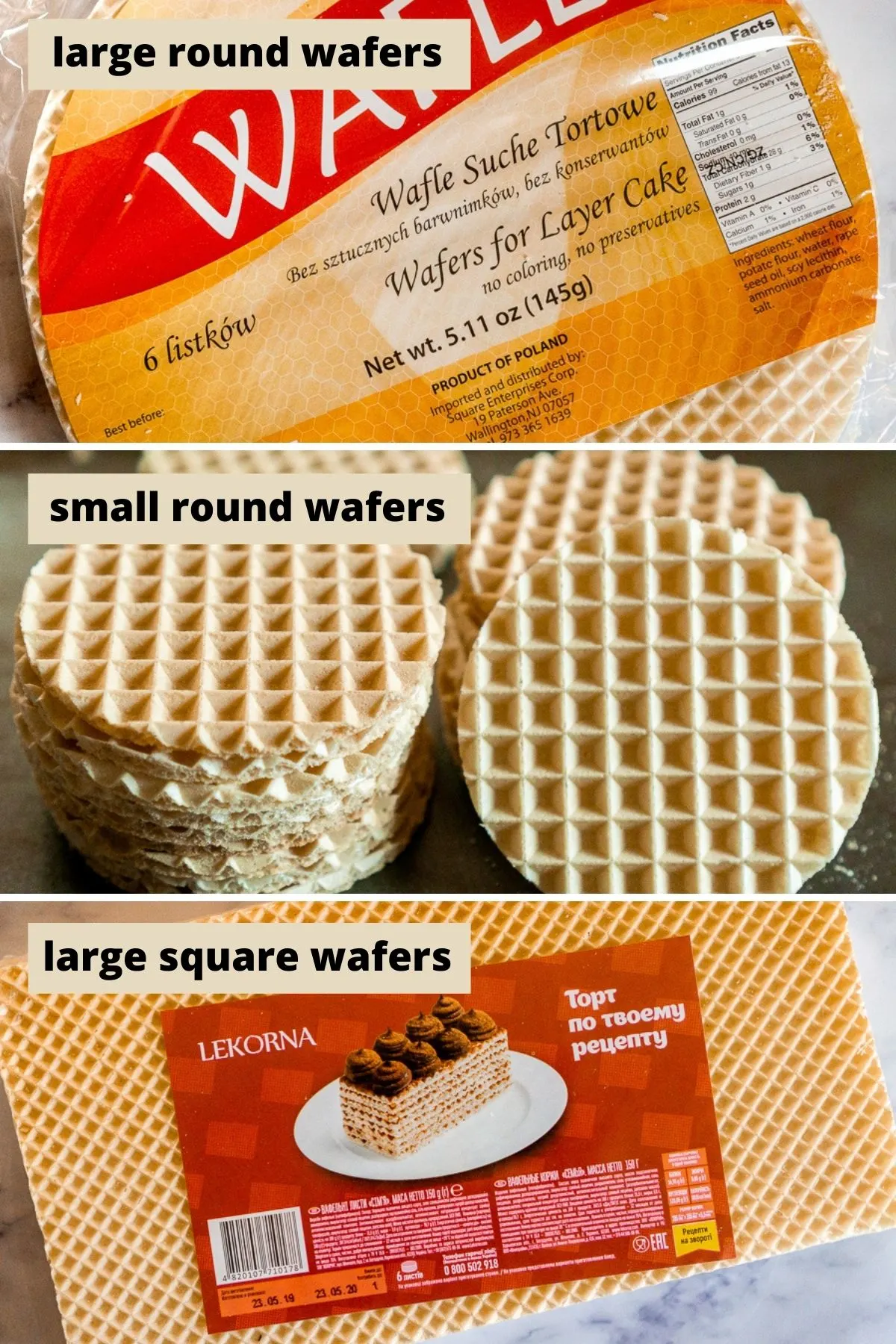 collage of 3 shapes of polish wafers for making dulce de leche wafer cake
