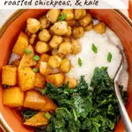 vegetarian grits with kale, chickpeas, and sweet potato in a bowl