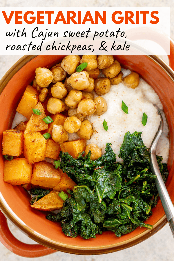 vegetarian grits with kale, chickpeas, and sweet potato in a bowl