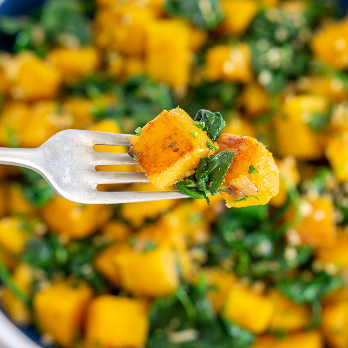 butternut squash and sauteed spinach on a fork
